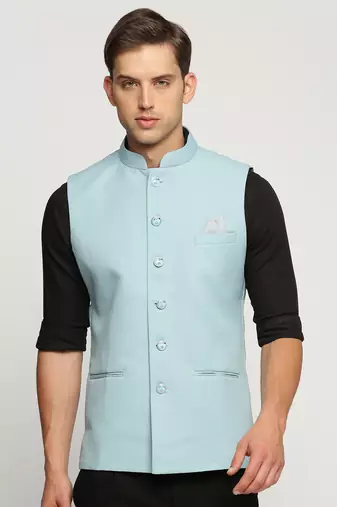 SHOWOFF Men's Slim Fit Mandarin Collar Solid Blue Nehru Jacket