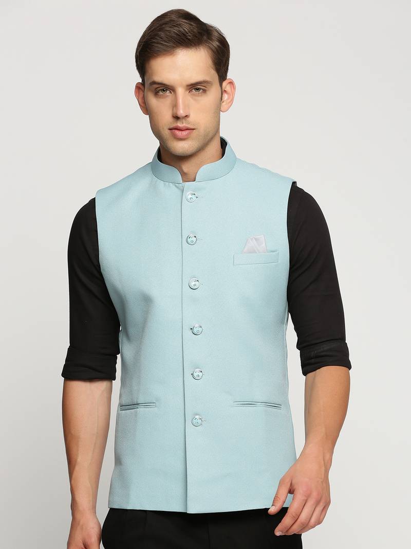 SHOWOFF Men's Slim Fit Mandarin Collar Solid Blue Nehru Jacket