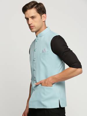 SHOWOFF Men's Slim Fit Mandarin Collar Solid Blue Nehru Jacket 3