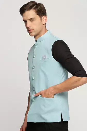 SHOWOFF Men's Slim Fit Mandarin Collar Solid Blue Nehru Jacket