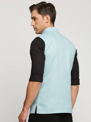 SHOWOFF Men's Slim Fit Mandarin Collar Solid Blue Nehru Jacket 4