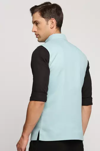 SHOWOFF Men's Slim Fit Mandarin Collar Solid Blue Nehru Jacket