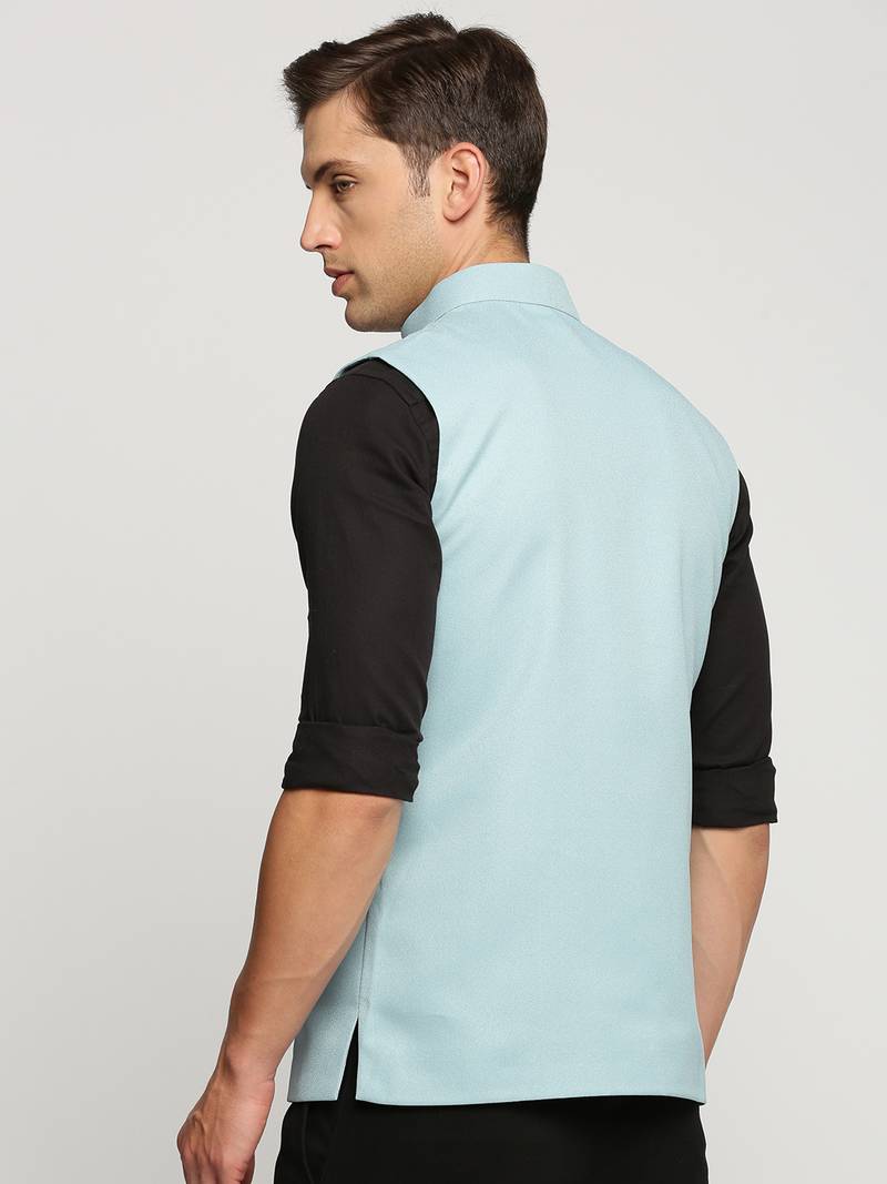 SHOWOFF Men's Slim Fit Mandarin Collar Solid Blue Nehru Jacket