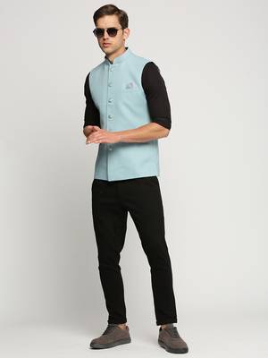 SHOWOFF Men's Slim Fit Mandarin Collar Solid Blue Nehru Jacket 5