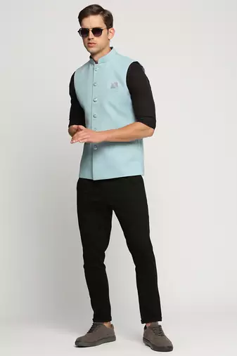 SHOWOFF Men's Slim Fit Mandarin Collar Solid Blue Nehru Jacket