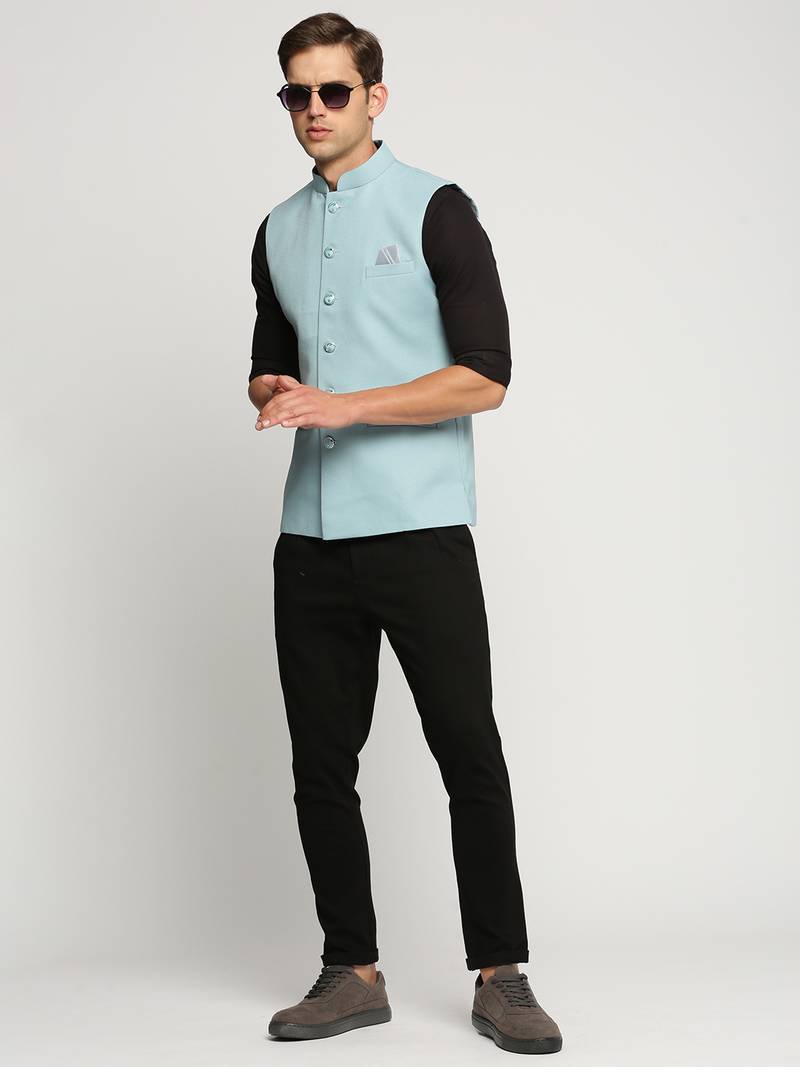 SHOWOFF Men's Slim Fit Mandarin Collar Solid Blue Nehru Jacket