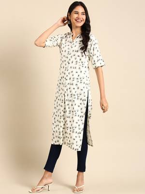 women's calf length mandarin collar off white abstract straight kurta 1