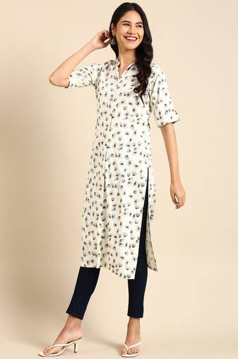 women's calf length mandarin collar off white abstract straight kurta