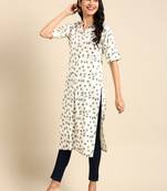 women's calf length mandarin collar off white abstract straight kurta