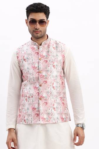 SHOWOFF Men's Slim Fit Printed Peach Nehru Jacket