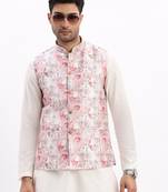 SHOWOFF Men's Slim Fit Printed Peach Nehru Jacket