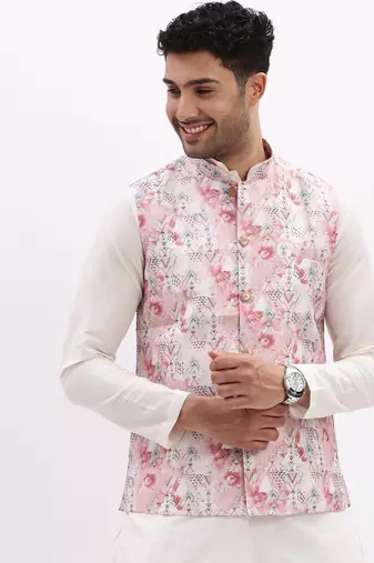 SHOWOFF Men's Slim Fit Printed Peach Nehru Jacket