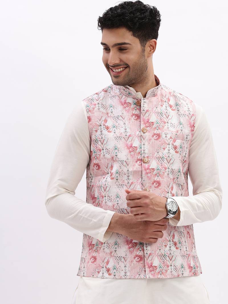 SHOWOFF Men's Slim Fit Printed Peach Nehru Jacket