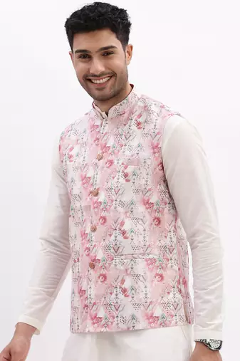SHOWOFF Men's Slim Fit Printed Peach Nehru Jacket