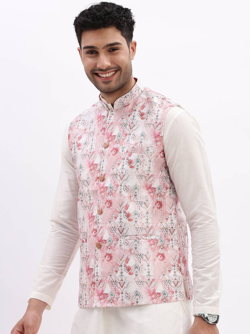 SHOWOFF Men's Slim Fit Printed Peach Nehru Jacket