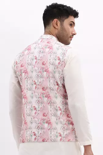 SHOWOFF Men's Slim Fit Printed Peach Nehru Jacket
