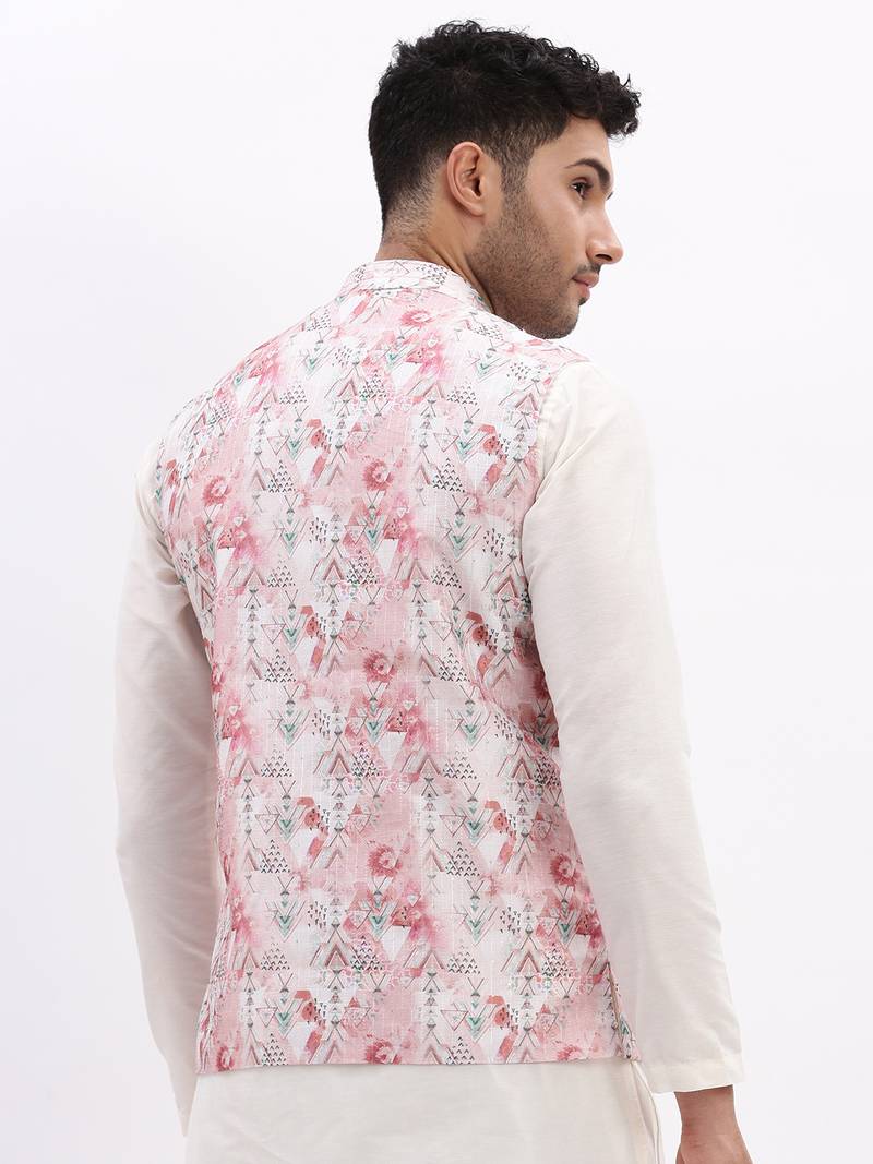 SHOWOFF Men's Slim Fit Printed Peach Nehru Jacket