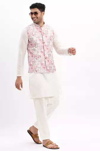 SHOWOFF Men's Slim Fit Printed Peach Nehru Jacket
