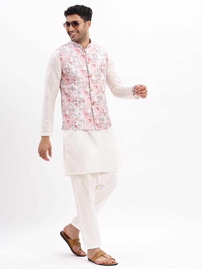SHOWOFF Men's Slim Fit Printed Peach Nehru Jacket