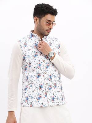 Men's Slim Fit Printed White Nehru Jacket 1