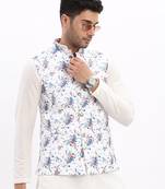 Men's Slim Fit Printed White Nehru Jacket