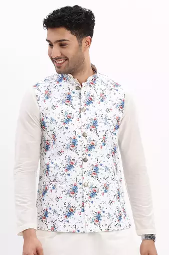 Men's Slim Fit Printed White Nehru Jacket