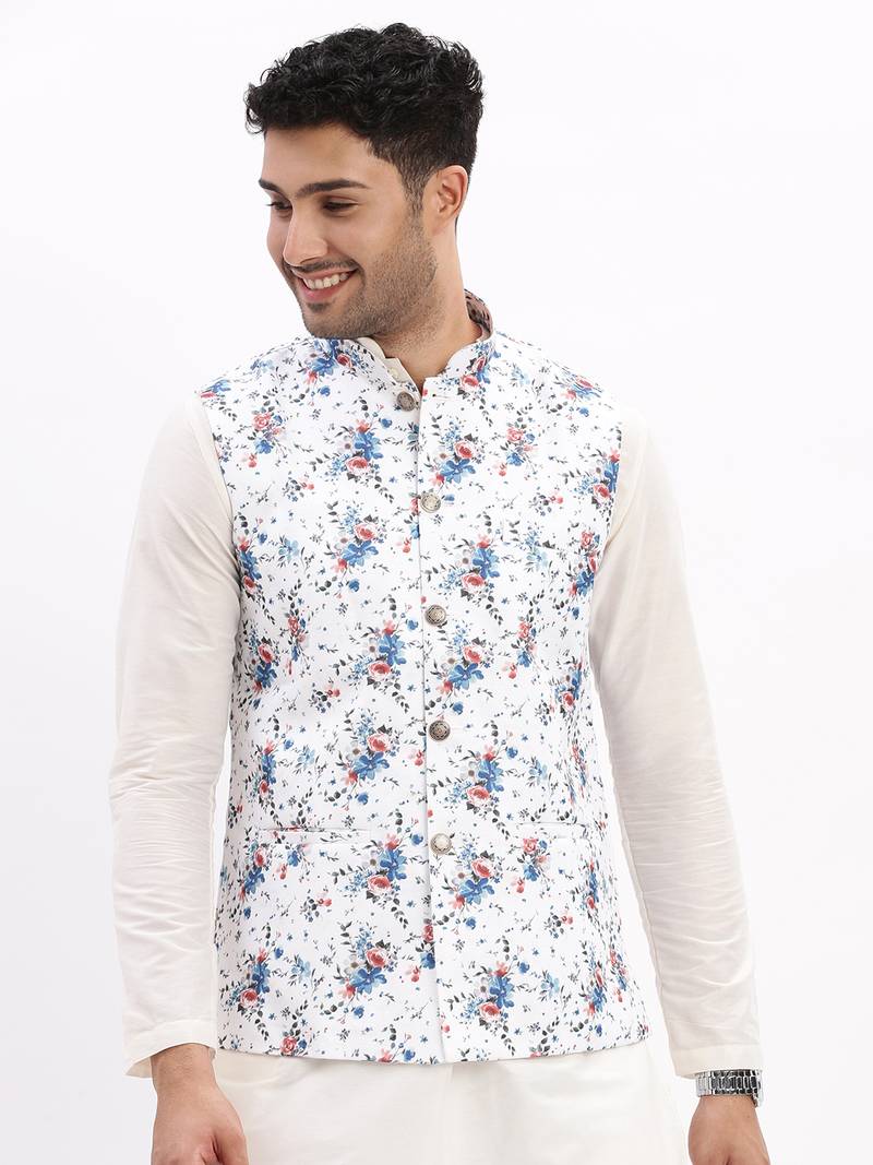 Men's Slim Fit Printed White Nehru Jacket