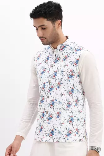 Men's Slim Fit Printed White Nehru Jacket