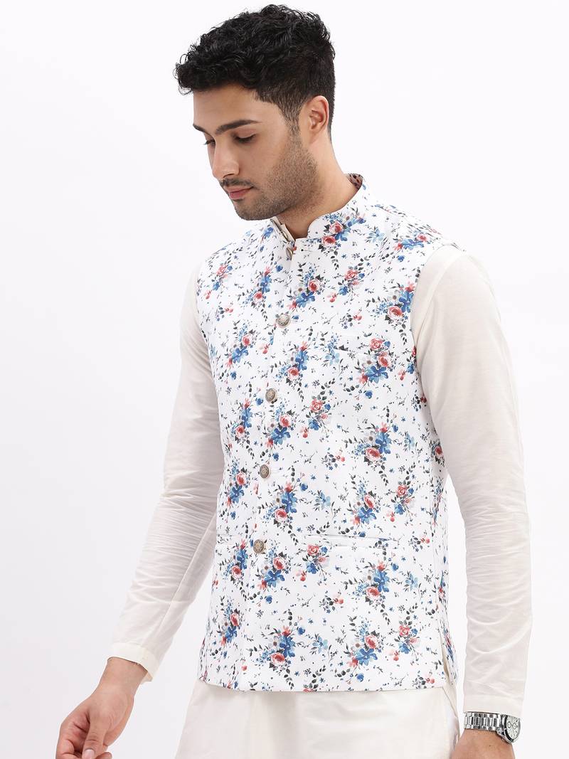 Men's Slim Fit Printed White Nehru Jacket
