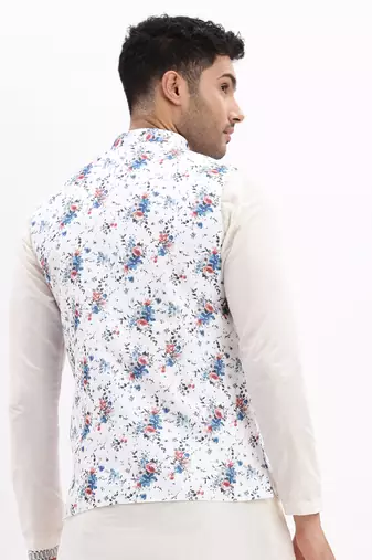 Men's Slim Fit Printed White Nehru Jacket