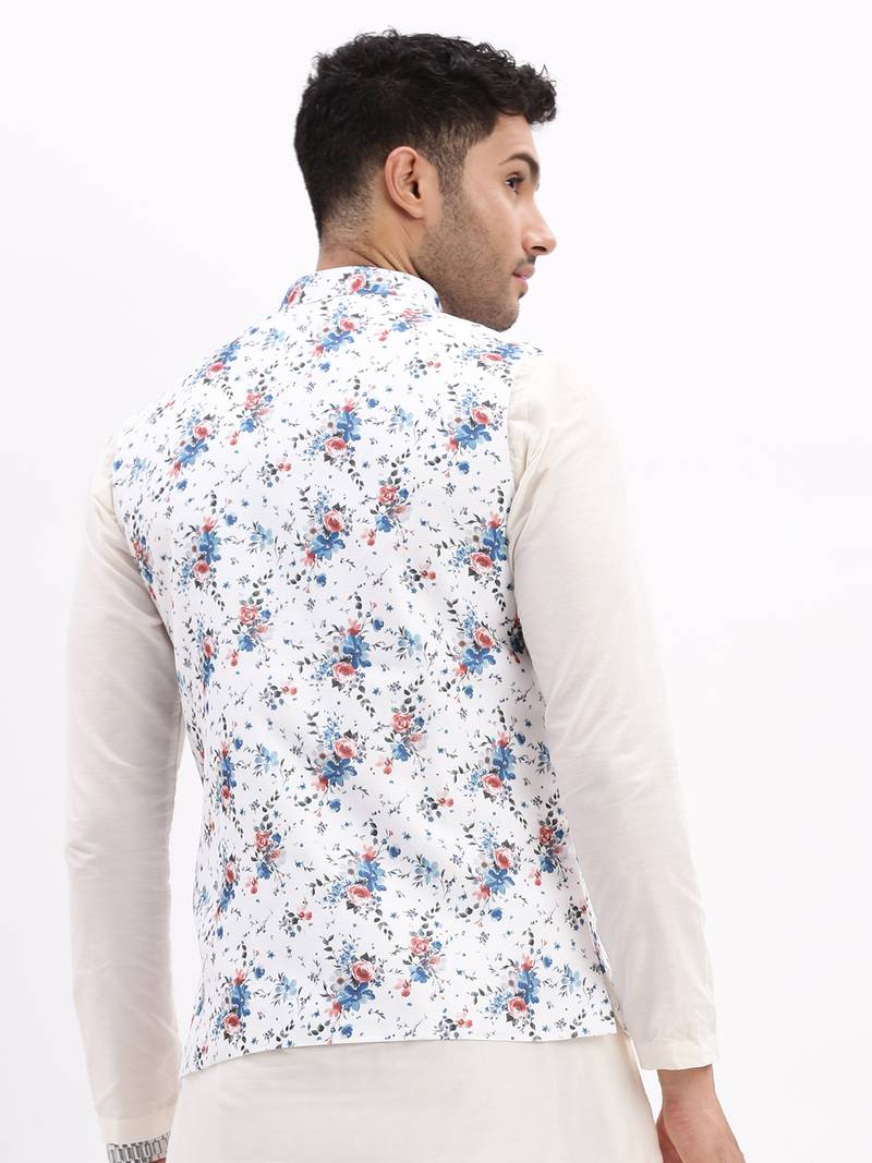 Men's Slim Fit Printed White Nehru Jacket