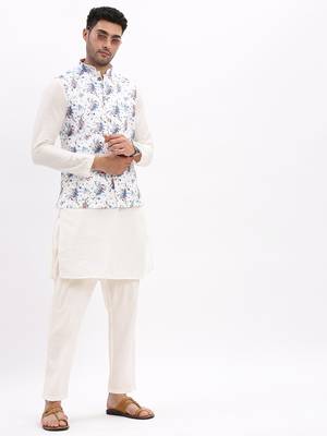 Men's Slim Fit Printed White Nehru Jacket 5