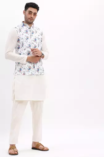 Men's Slim Fit Printed White Nehru Jacket