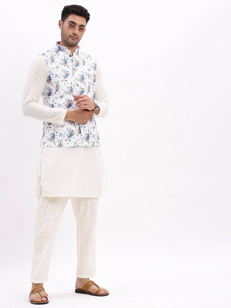 Men's Slim Fit Printed White Nehru Jacket