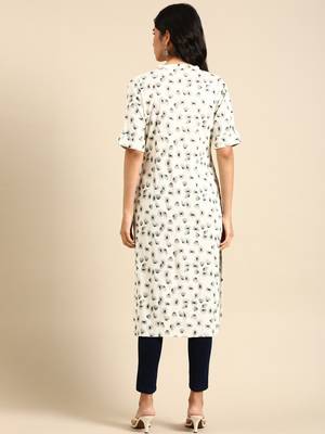 women's calf length mandarin collar off white abstract straight kurta 5