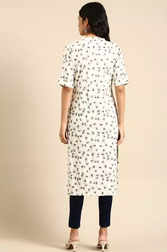 women's calf length mandarin collar off white abstract straight kurta