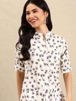 women's calf length mandarin collar cream abstract straight kurta 2