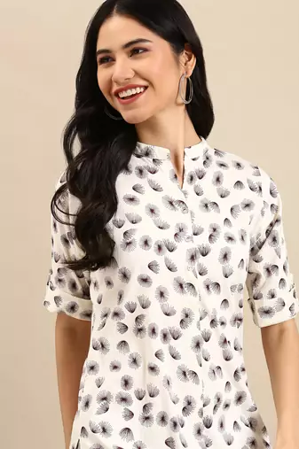 women's calf length mandarin collar cream abstract straight kurta