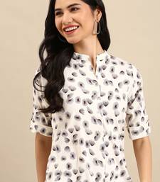 women's calf length mandarin collar cream abstract straight kurta
