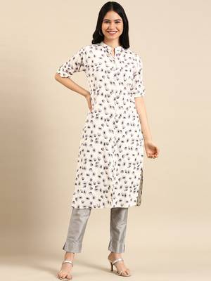 women's calf length mandarin collar cream abstract straight kurta 1