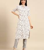 women's calf length mandarin collar cream abstract straight kurta