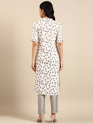 women's calf length mandarin collar cream abstract straight kurta 5