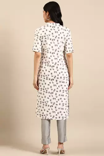women's calf length mandarin collar cream abstract straight kurta