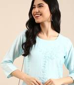 Showoff women's calf length round neck blue solid straight kurta