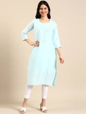 Showoff women's calf length round neck blue solid straight kurta 3
