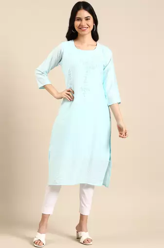 Showoff women's calf length round neck blue solid straight kurta