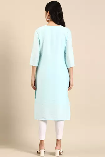 Showoff women's calf length round neck blue solid straight kurta