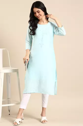 Showoff women's calf length round neck blue solid straight kurta