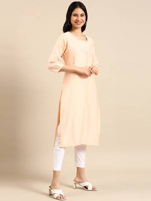 women's calf length round neck peach solid straight kurta 4