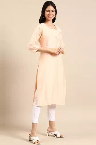 women's calf length round neck peach solid straight kurta